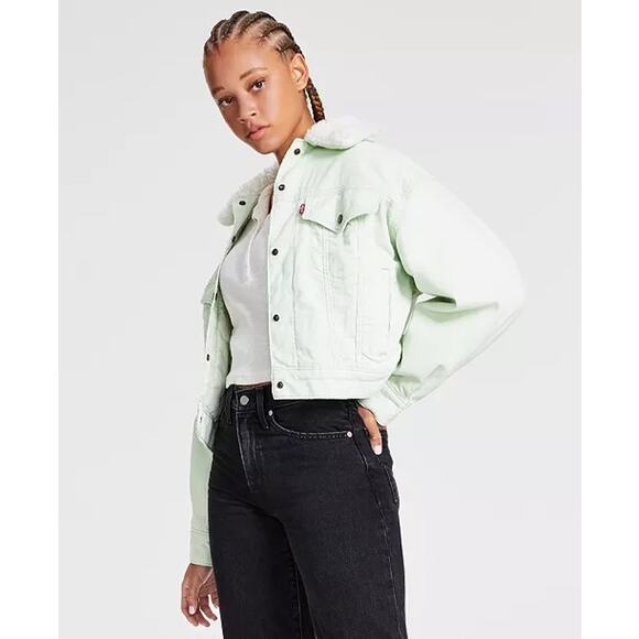 Levis Womens Cropped Corduroy Trucker Jacket Sherpa Lined Collar XS Mint Green - Picture 2 of 15